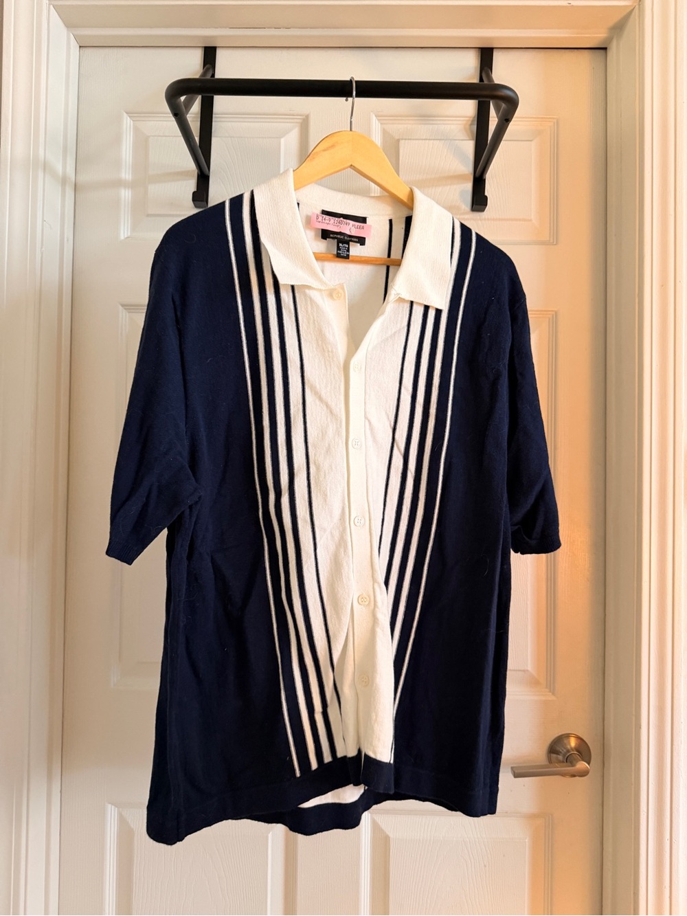 Men's Navy and White Striped Button Polo